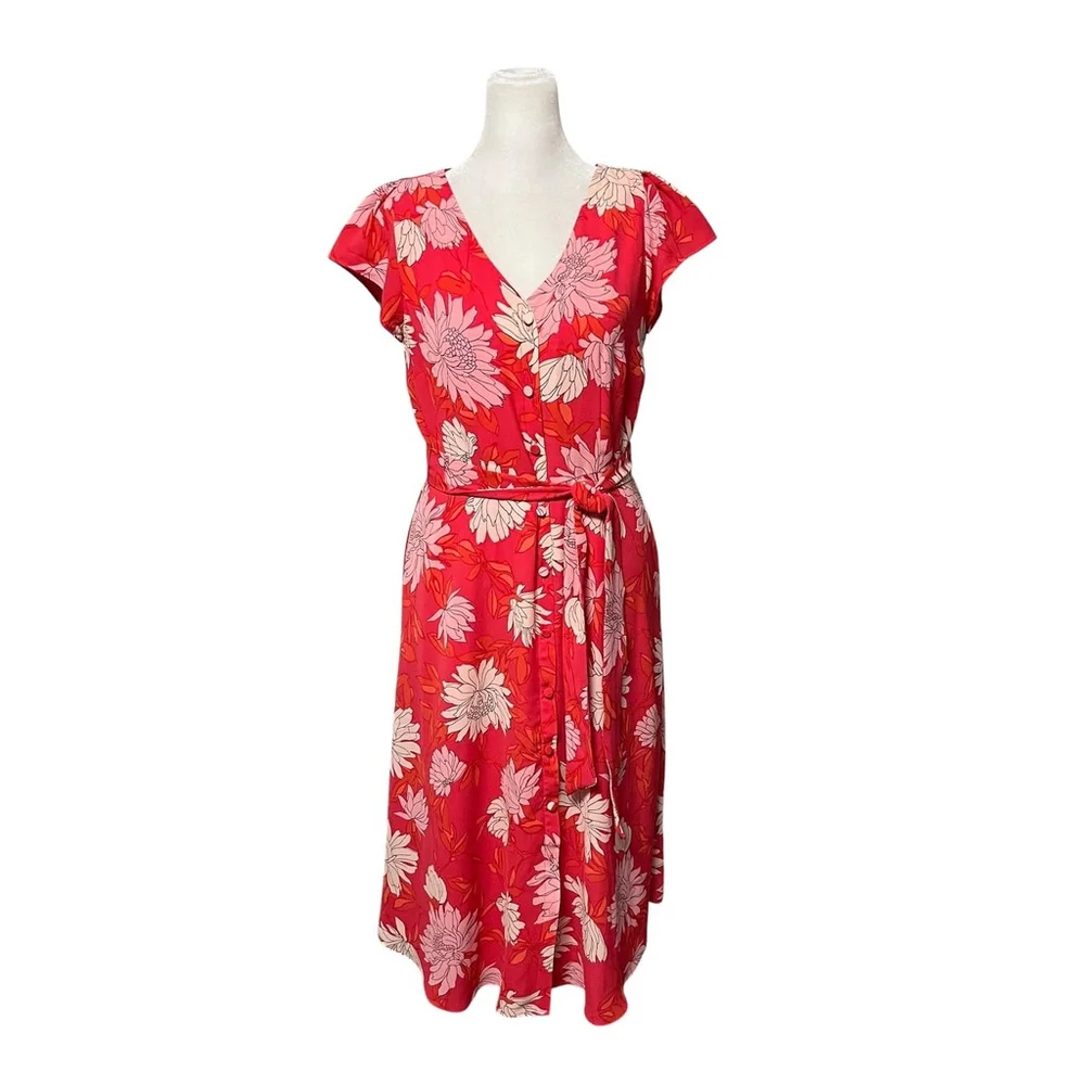 Talbots Pink Belted Midi Chrysanthemum Shirt Dress Size 2 Petite